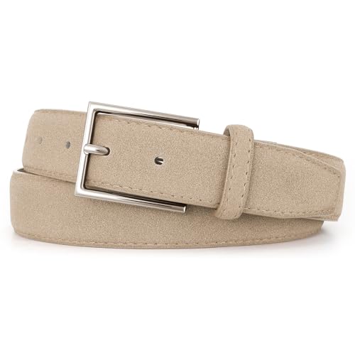 JasGood Wildleder Gürtel für Herren Business Ledergürtel 33mm Breit Freizeitgürtel Formelle Anzuggürtel Herrengürtel für Männer Jeans Hosen,Beige,110cm