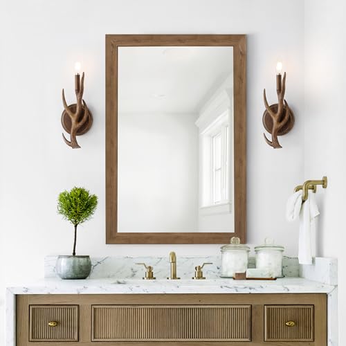 Image of JONATHAN Y 5.5 inch Brown 1-Light Wood Finish Faux Antler LED Vanity Light Set of 2, Rustic Wall Sconces for Bathroom Mirror Hallway, Southwestern Farmhouse Decor, LED Bulbs Included JYL6307A-SET2
