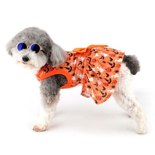 Zunea Halloween Dog Dresses for Small Dogs Cats Pumpkin/Ghosts/Bat/Spider Print Puppy Girl Halloween Costumes Fancy Dress Soft Pet Skirt with Bow Knot Chihuahua Yorkie Clothes Outfits Orange XL - Image 2