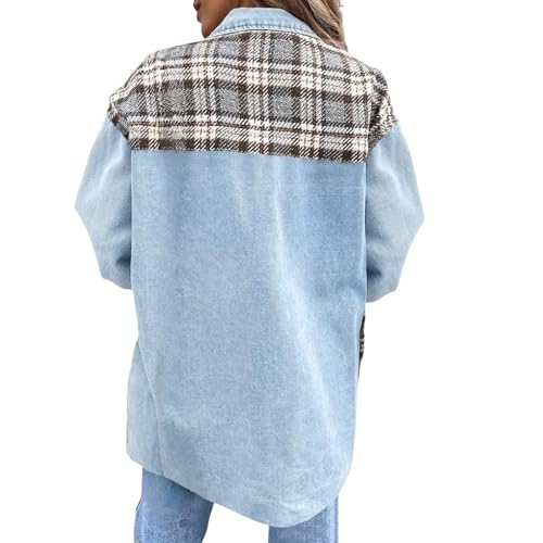 Denim Jacket for Women Oversized Casual Boyfriend Jean Jacket Button Down Long Sleeve Plaid Shacket Shirt with Pocket3