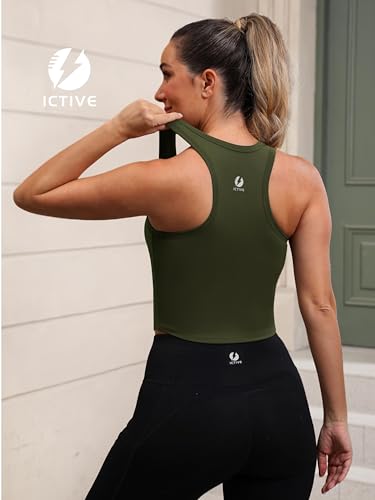 ICTIVE Women's Racerback Longline Sports Bra Built in Padded Slim Fit Workout Yoga Crop Tops ArmyGreen S — view 3
