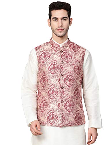 Image of MANQ Men Fawn Woven Jaquard Silk Nehru Jacket