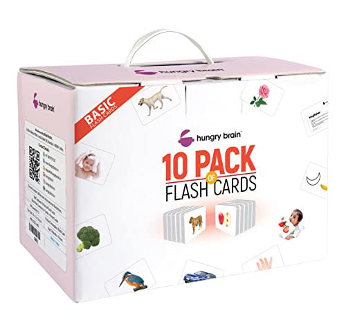Image of Hungry Brain 10 Pack Basic Flash Cards – Educational Learning Set for Kids & Toddlers, Improves Vocabulary, Memory & Observation, Includes Animals, Fruits, Objects & More for Home & School Use