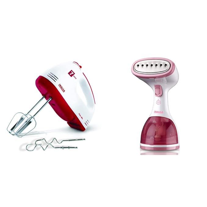 Inalsa Hand Mixer Easy Mix | Powerful 250 Watt Motor | Variable 7 Speed Control | 1 Year Warranty | (White/Red) & Inalsa Steamax 1200-Watt Garment Steamer with Detachable Fabric & Steam Brush & 260ml