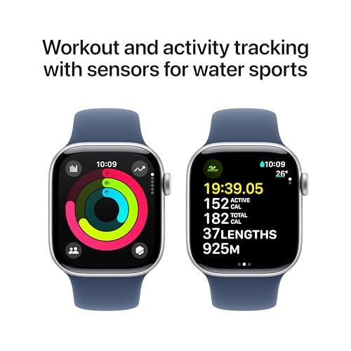 Image of Apple Watch Series 10 [GPS 42 mm] Smartwatch with Silver Aluminium Case with Denim Sport Band - S /M. Fitness Tracker, ECG App, Always-On Retina Display, Water Resistant