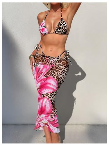 Women's 3 Piece Leopard Floral Bikini Sets Cheetah Halter Triangle Tie Back Swimsuit with Cover Up Skirt3