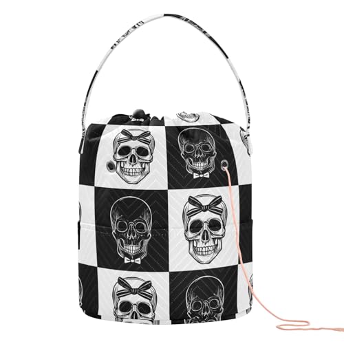 Image of Yarn Storage Bag Small Crochet Bag Knitting Bag Organizer Gothic Skull Black and White Yarn Bags for Crocheting Basket