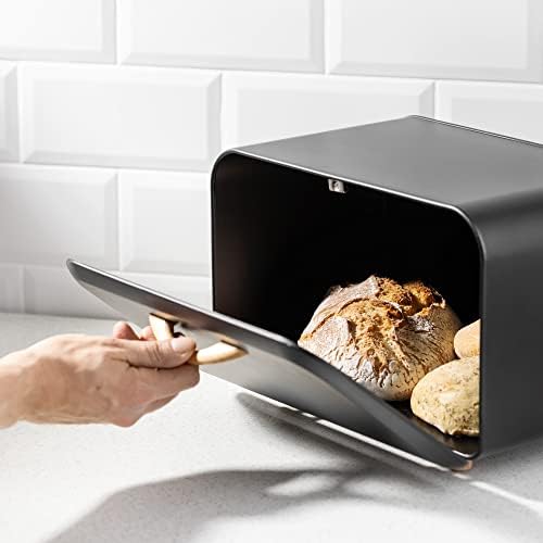 Navaris Bread Bin - Metal Bread Box Storage Tin with Front Opening Drop Down Door for Kitchen Counter or Shelf - Bakery Storage Container - Black