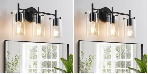 Image of Indoi Bathroom Light Fixtures, 3-Light Matte Black Vanity Light, Black Bathroom Lights Over Mirror with Clear Glass Shade, Wall Sconces for Mirror Bedroom Living Room Hallway (Pack of 2)