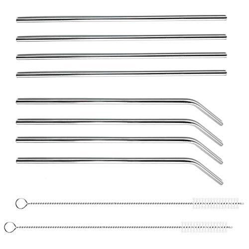 Ultralong Stainless Steel Drinking Straws Metal Straws For Tumblers Rumblers Cold Beverage (4 Straight 4 Bent 2 Brushes), Set of 8