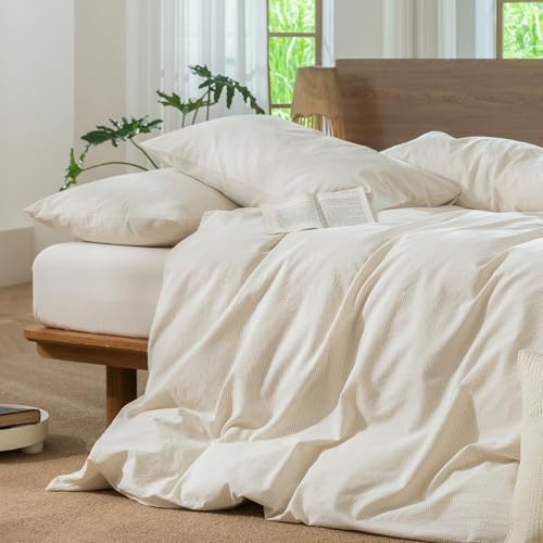 Image of MooMee Striped Duvet Cover Set 100% Washed Cotton Linen Like Twin | Relaxed Linen-like Texture. Soft, Breathable & Long-lasting Comfort. Lightweight. Hidden Zipper with 8 Interior Corner Ties