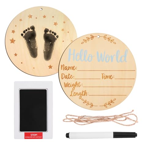 Image of Baby Announcement Sign, 5.9 Inch Round Baby Nursery Name Signs with Ink Pad for Hand and Footprints Wooden Hello World Newborn Sign for Photo Prop(Blue)