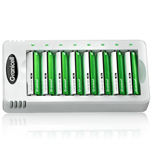 Granicell AA Rechargeable Batteries with Charger 8 Slot Smart Battery Charger with 8 Pcs 2800mAh High Capacity NiMH AA Batteries USB Smart Charging