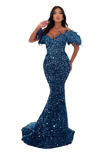 Image of Sequin Feathers Mermaid Prom Dresses 2026 Off Shoulder Sparkly Long Formal Evening Party Gowns with Train