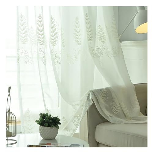 Leaves Sheer Curtains Embroidery White Window Curtain Pencil Pleat Voile Drapes for Living Room Bedroom 2 Panels, W135xL244cm,White