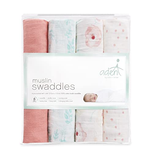 Image of aden + anais Essentials Muslin Swaddle Blankets for Baby Girls and Boys, Newborn Receiving Blanket for Swaddling, 100% Cotton Baby Swaddle Wrap, 4 Pack, Full Bloom