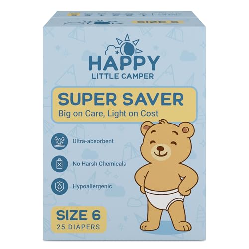 Image of Happy Little Camper Super Saver Diapers, Size 6, 25 Count | Budget-Friendly Disposable Baby Diapers for Sensitive Skin | Hypoallergenic, Fragrance-Free, Ultra Absorbent