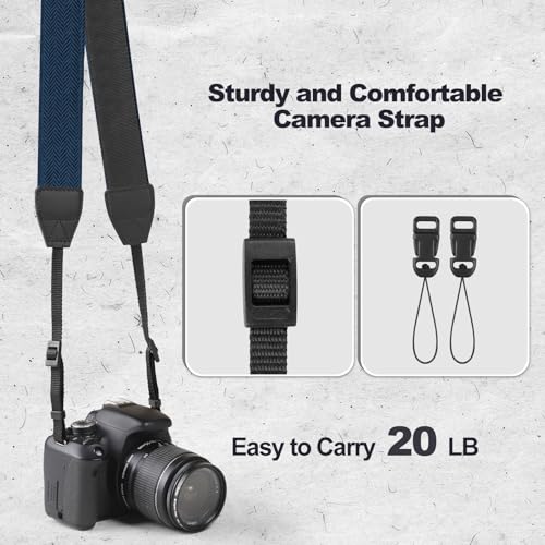 Image of Universal Camera Strap - Camera Neck Strap, Adjustable Shoulder Straps Compatible with Canon, Fujifilm, Nikon, Olympus, Panasonic and other SLR and mirrorless cameras - Blue and Black Stripes