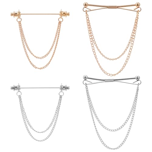 WEBEEDY 4 Pcs 2 Styles Tie Chains for Men Shirt Collar Pins Double Tassels Chains Collar Bar Pin Gold Silver Tie Pins Men Tie Tack Pin for Tie Accessories Suit Wedding Business Party Gift, 6cm/2.6''