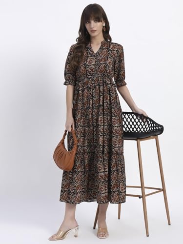 Image of Women's Fit and Flare Dress I Pure Cotton Long Summer Maxi Dress I V-Neck I Casual Wear I Printed Kalamkari Floral Middi