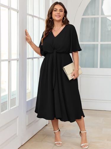 SCOMCHIC Women Plus Size Midi Dresses Wedding Guest Short Sleeve V Neck Tie Waist Casual Summer Flowy A Line Dress4
