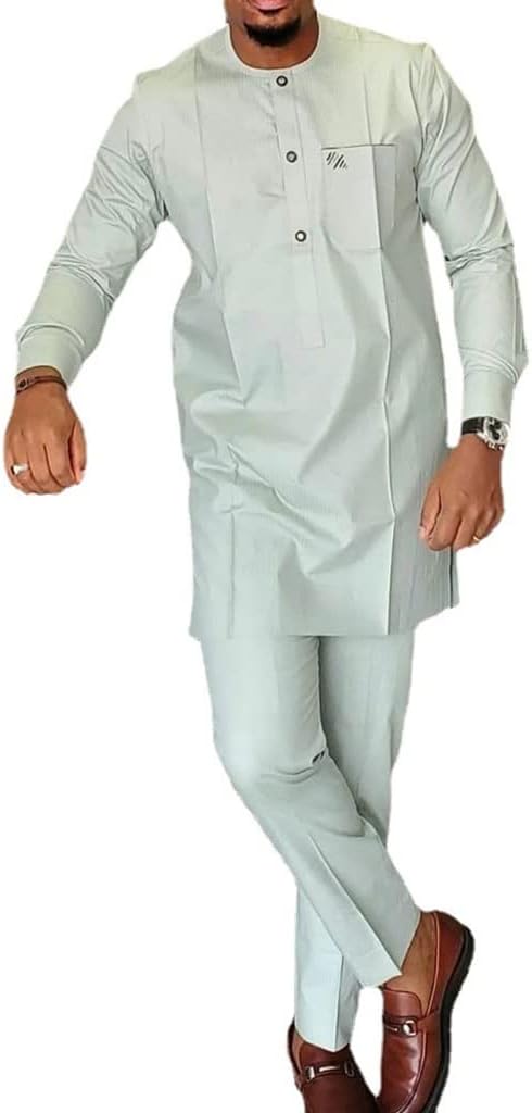 Men`s African Clothing Suit Dashiki 2 Piece Set Long Sleeve Tracksuit Jacket Coats Tops Shirts and Pants Outfit (Color : Light grey, Size : Large)