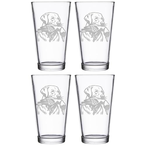 Hat Shark Set of 4 Duck Hunting Gear Decor Beer Glass - Mallard Duck Black Lab Hunting Gift - Waterfowl 16 oz Pint Drinking Glass Dog Cool Hunters Gift for Men and Women Who Love Water Dogs (4)