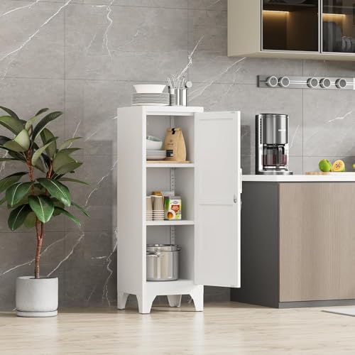 Image of 46 inchH White Metal Locker with 1 Lockable Door and 2 Adjustable Shelves For Employees,3 Tier Small Storage Cabinet with Detachable Legs and Vintage Handle for Kitchen, Office,School,Gym,Easy Assembly