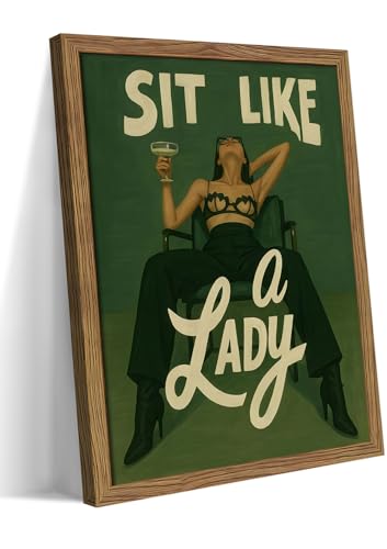 Framed Feminist Wall Art, Vintage Sit Like a Lady Green Wall Decor, Bold Girl Power Feminine Poster Print, Retro Empowering Female Canvas Painting Aesthetic for Bedroom Dorm 8x10 inch
