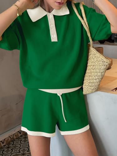 Image of Tankaneo Womens 2 Piece Short Sets Short Sleeve Knit Tops Vacation Outfits | Sweater Fabric, 2026 Summer, Collared, Matching Lounge Set