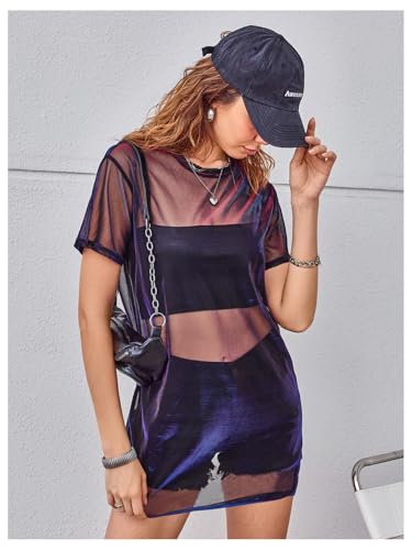 Floerns Women's See Through Sheer Mesh Night Out Dress Short Sleeve Round Neck Club Short Dress3