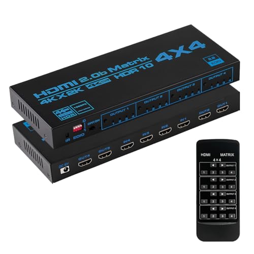 HDMIマトリックス 4入力4出力 4K@60Hz HDR対応 HDMIマトリックス セレクター 4x4 IRリモコン付き EDIDエクストラクタ 4ポート 切り替え 4画面 分配 HDCP 2.2、RGB 4:4:4、YUV 4:4:4