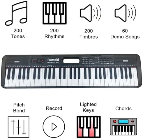 Funtaki 61-Key Electronic Keyboard Piano for Adults with Light Up Keys, 61 Compact Keys Digital Pianos - Perfect Beginner Piano Black - 1