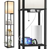 OUTON Floor Lamp with Shelves, LED Shelf Floor Lamp with 1 USB & 1 Type C Ports, 1 AC Outlet, 3 Color Temperature, Storage Display Wood Column Tall Standing Lamp for Living Room, Bedroom Office, Black