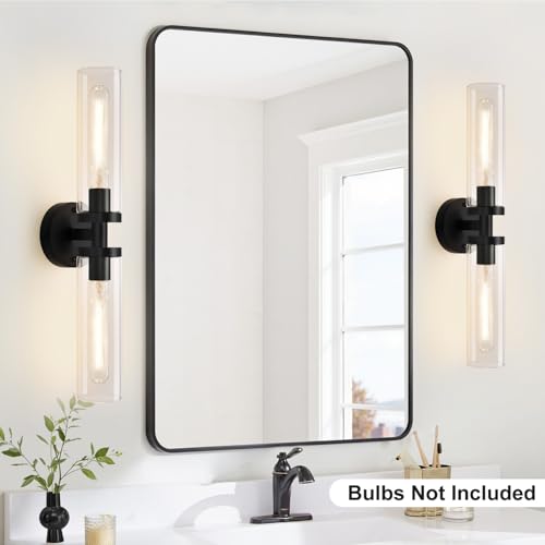 Image of Indoi Matte Black Wall Sconces, Hardwired Bathroom Sconces Wall Lighting with Clear Glass, Modern Sconces Wall Light fixtures for Bathroom Mirror Living Room Hallway Bedroom