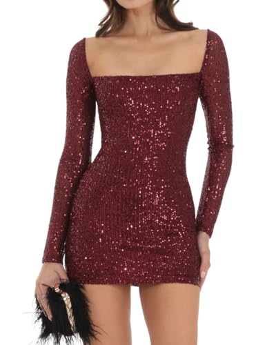 Women Sexy Long Sleeve Sparkly Sequin Bodycon Mini Dress Square Neck See Through Backless Self Tie Up Short Dress2