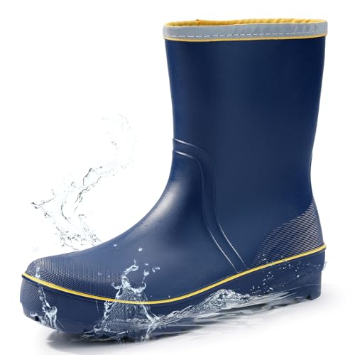 Image of mens rain boots waterproof work boots for men mid-calf deck bootie comfortable garden shoes lightweight chelsea bootie for Gardening Fishing Boating Camping Sailing yellow&blue