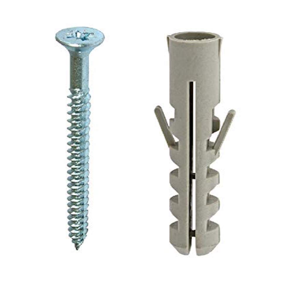Merriway BH07170 (100 Pcs) 2 inch x No. 8 Countersunk Twinthreaded Wood Screws BZP with Grey Nylon Heavy Duty Wall Plugs