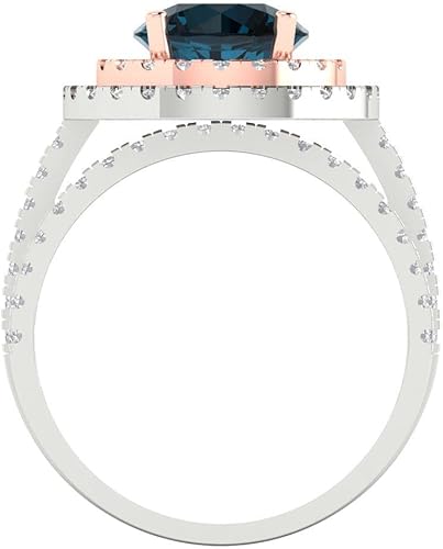 Miniatura 4 de Clara Pucci Juego de anillos de boda de 3.05 quilates con halo de corte redondo, topacio azul de Londres, diseño Art Deco de 18 quilates, oro rosa