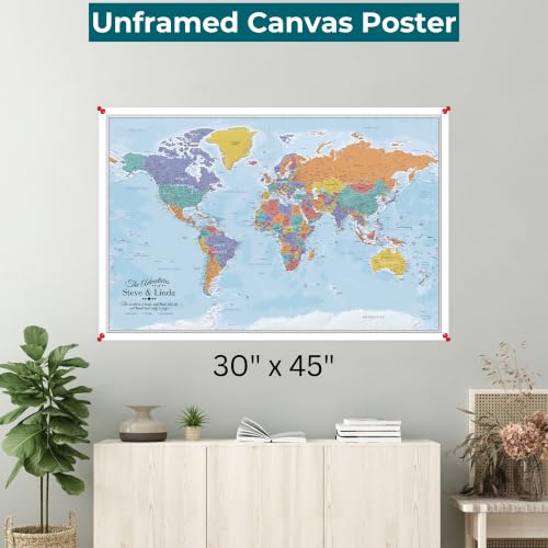 Image of Blue Oceans World Travel Map Poster with Pins - Personalized Canvas Wall Art - Large 30 inch x 45 inch