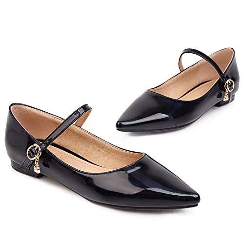 AIMODOR Womens Patent Leather Mary Jane Pointed Toe Flat Heel Ankle Strap Pumps2