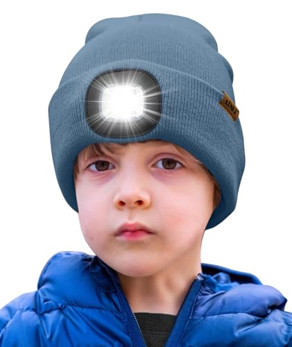 ATNKE Kids LED Lighted Beanie Hat,USB Rechargeable 4 LED Running Headlamp Ultra Bright Cap with Light Hands Free Head Torch Winter Warm Knit Beany Great Gifts for Boys and Girls/Shadow Blue