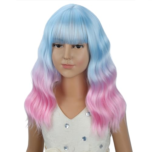 Image of PATTNIUM Girls Blue Ombre Pink Short Wavy Curly Wig with Bangs Kids Pink and Blue Bob Wigs Synthetic Halloween Costume Cosplay Party Wigs