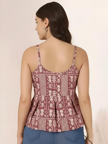 Image of Pinkmint Women Pure Cambric Cotton Printed Peplum Top | Sleeveless Spaghetti Strap Summer Casual Top for Women & Girls