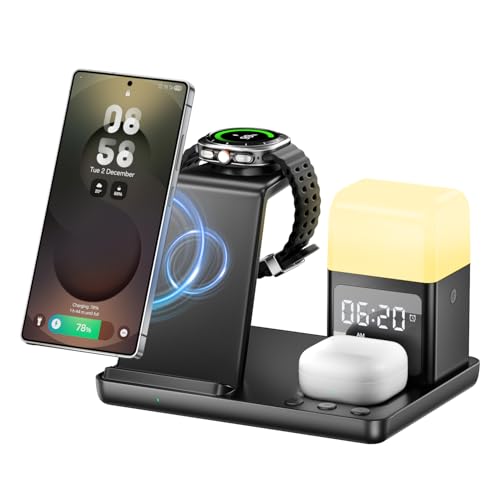 Ya en manzanajugosa.com: Estación de Carga inductiva 6 en 1, Cargador inalámbrico de 15 W con Despertador y luz Nocturna, Cargador inalámbrico Compatible con Samsung Galaxy S25/24/Galaxy Buds3/Galaxy Watch,iPhone 16/15