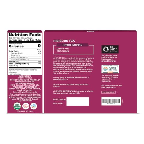 Image of HANDPICK Organic Hibiscus Tea (100 Tea Bags) Pure Indian Hibiscus Flowers
