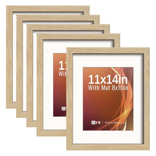 Image of VCK 11x14 Picture Frame 5 Pack, Natural Wood, 8x10 Mat, Glass, for Photo