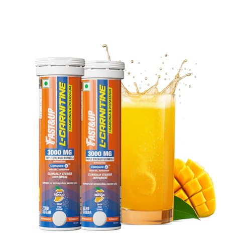 Image of Fast&Up L Carnitine 3000mg Effervescent Tablets | Triple Action L Carnitine Supplement with Garcinia Cambogia & Potassium | Fat Burner for Weight Loss | Controls Cravings I Reduces Bloating I Mango Flavour, Pack of 2