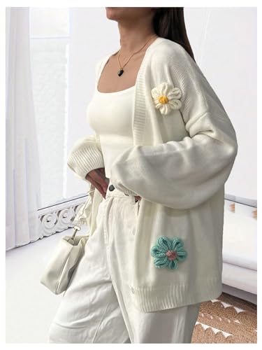 Image of MakeMeChic Women's Plus Size Appliques Flower Button Down Cardigan Sweater Long Sleeve Loose Cute Outwear White 1XL