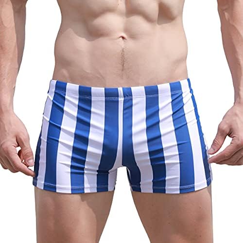 EASEJUICY Mens Swim Trunks Striped Swimwear Square Leg Swimming Boxer Birefs Swimsuit Drawstring Low Rise with Liner (2112BlueWhite,L)